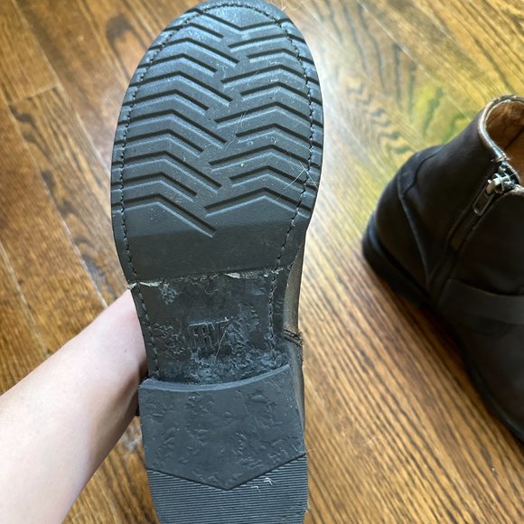 Frye Veronica Belted Buckle Shortie Moto Boot in Distressed Black/Brown - Picture 3 of 10